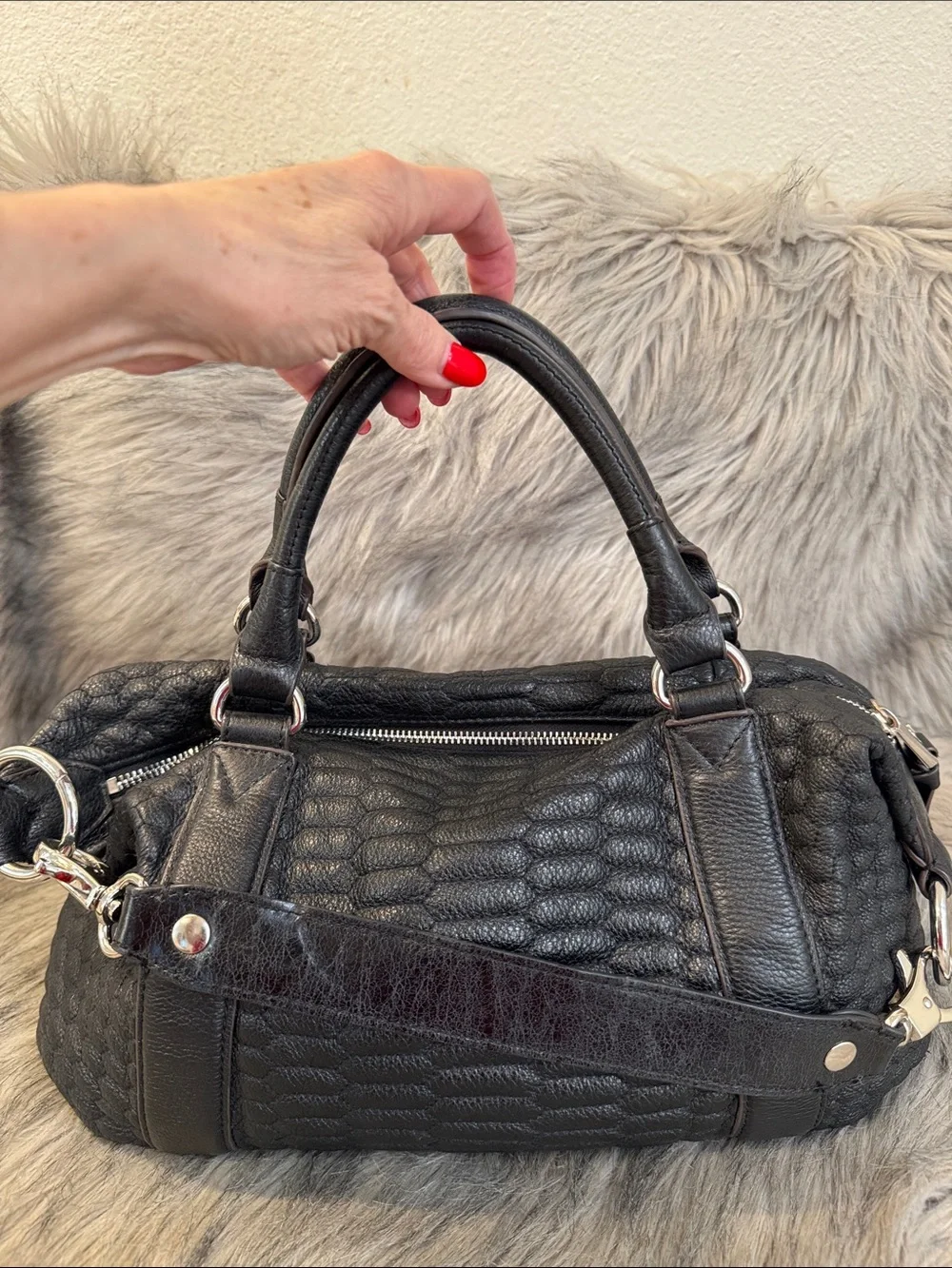 Aimee Kestenberg Women’s Black Textured Leather Satchel/Shoulder Bag with tassel